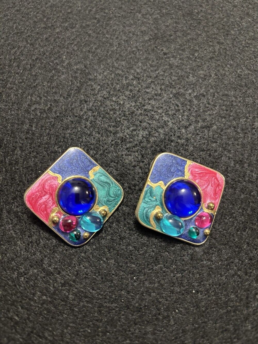 Vintage 80s Retro Glam Earring Faux Cloisonné Pearl Enamel Square Glass Cabochon